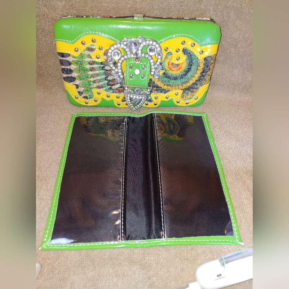Green & Yellow Rhinestone Buckle Clasp Wallet - Picture 4 of 7